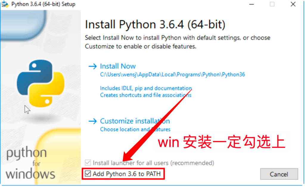 win 系统安装 python3时勾选 Add Python x to PATH